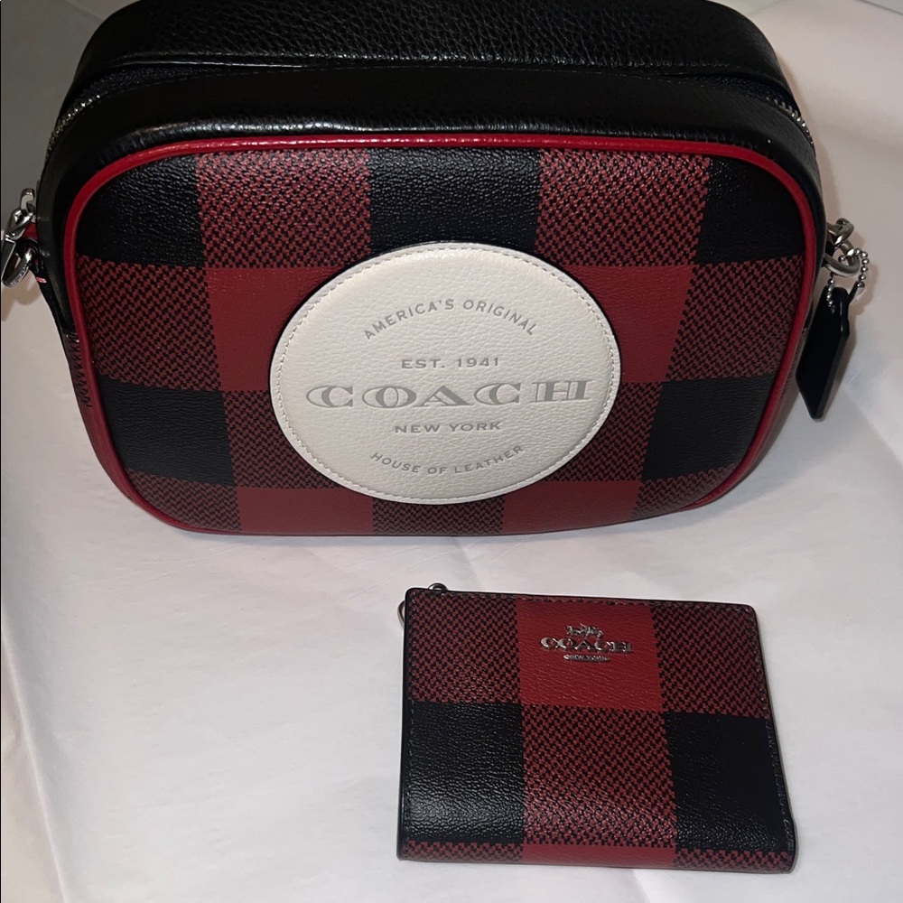 Coach Red and Black Plaid Crossbody Bag and Wallet Set